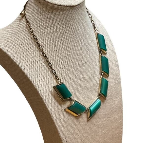 Vintage Green Chevron Necklace With Gold-Tone Chain & Fishhook Clasp - Picture 3 of 4